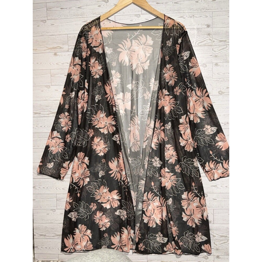 Floral Chiffon Kimono Cardigan Swimsuit Coverup Black Pink Womans Plus 3XL